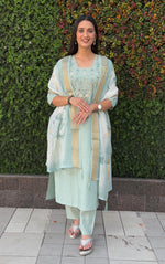 Thumbnail for Vedant Vastram Kurta Pant Set With Dupatta Having Beautiful Handwork - See Green - Distacart