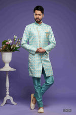 Thumbnail for Raivat Ethnic Banarasi Jacquard Embroidery Semi Indo Western Sherwani In Sky Blue Colour