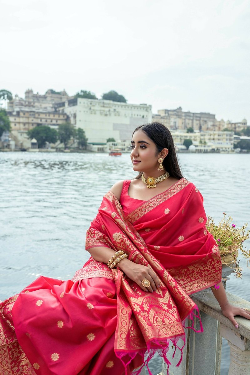 Aastha Fashion Red Woven Soft Silk Saree with Blouse - Distacart