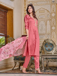 Thumbnail for Malishka Women's Pink Chanderi Embroidery Kurta Set With Dupatta