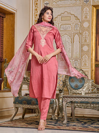 Thumbnail for Malishka Women's Pink Chanderi Embroidery Kurta Set With Dupatta