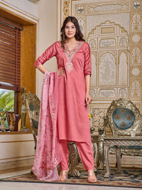 Thumbnail for Malishka Women's Pink Chanderi Embroidery Kurta Set With Dupatta