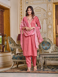 Thumbnail for Malishka Women's Pink Chanderi Embroidery Kurta Set With Dupatta