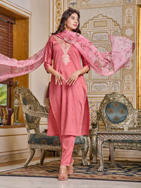 Thumbnail for Malishka Women's Pink Chanderi Embroidery Kurta Set With Dupatta
