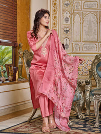 Thumbnail for Malishka Women's Pink Chanderi Embroidery Kurta Set With Dupatta