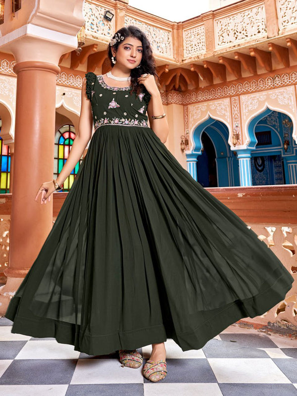 Prazu Fashion Mehndi Georgette With Rich Zari-Sequins Embroidery Gown