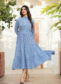 Thumbnail for Kaajh Women's Blue Floral Handblock Print Cotton Dress - Distacart