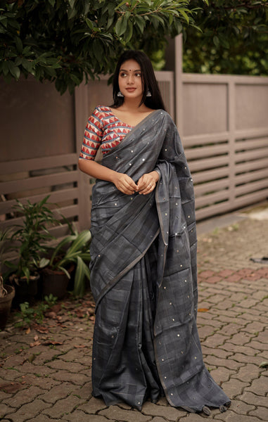 Grey Pure Linen Ethnic Motifs Saree with Unstitched Blouse - A2M