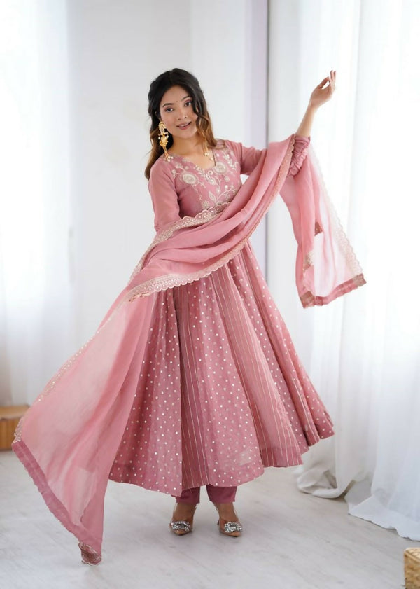 Teeya Creation Baby Pink Color Heavy Crunchy Silk Embroidery Work Gown