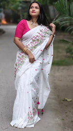 Thumbnail for Exclusive Collection White Pure Cotton Handloom Embroidered Saree