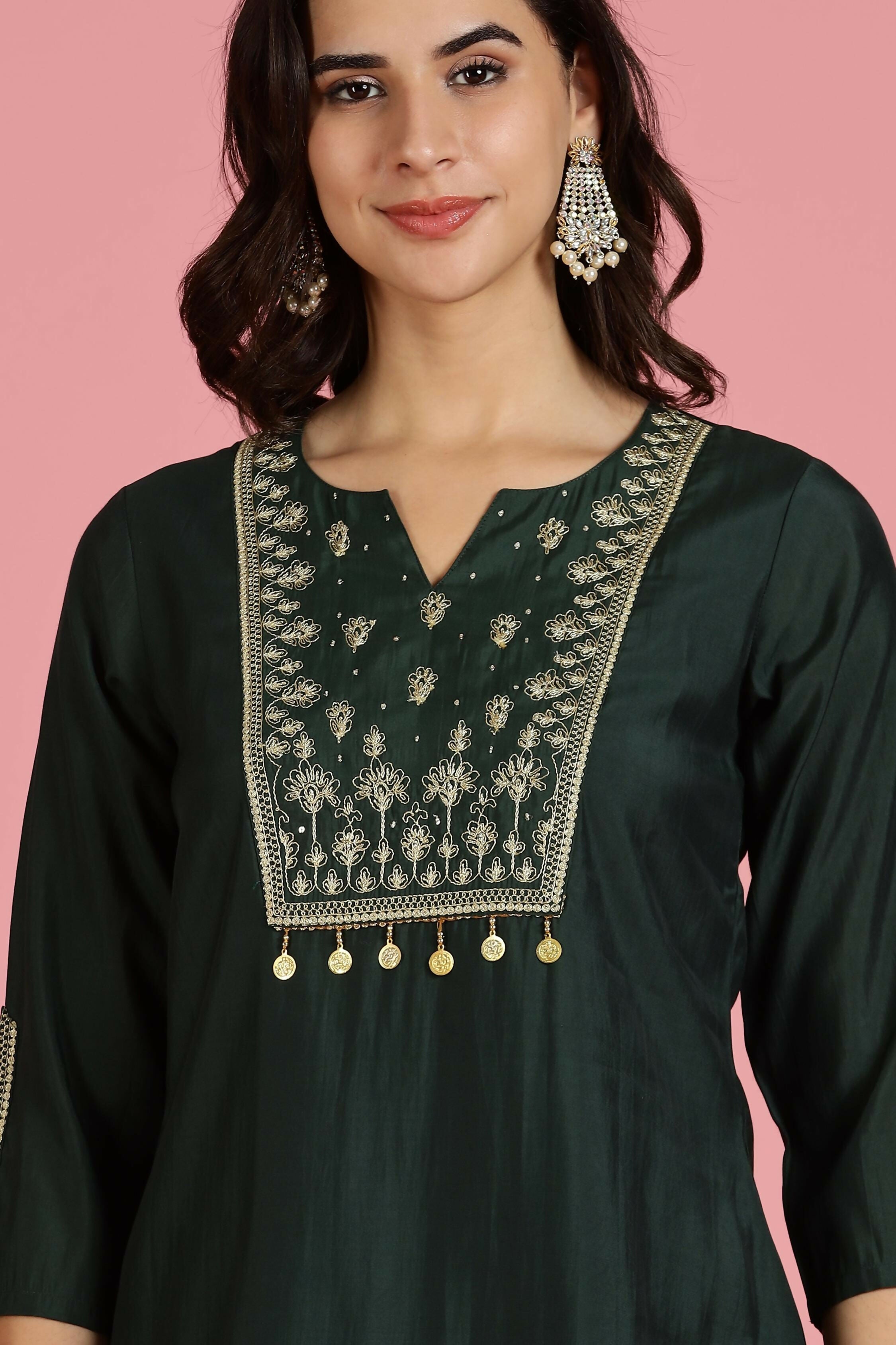 BulBul Women’s Dark Green Embroidered Chanderi Kurta Set