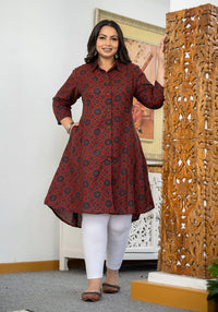 Thumbnail for Kaajh Women's Maroon Ajrakh Printed Viscose Rayon Plus Size Kurta