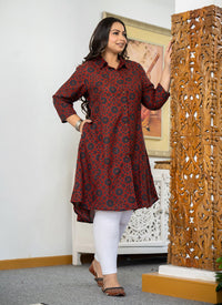 Thumbnail for Kaajh Women's Maroon Ajrakh Printed Viscose Rayon Plus Size Kurta