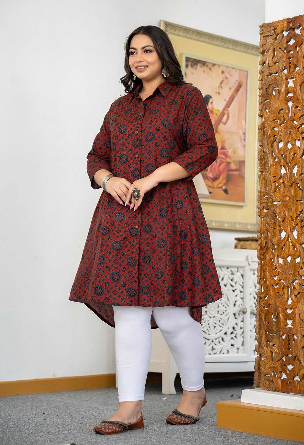 Kaajh Women's Maroon Ajrakh Printed Viscose Rayon Plus Size Kurta