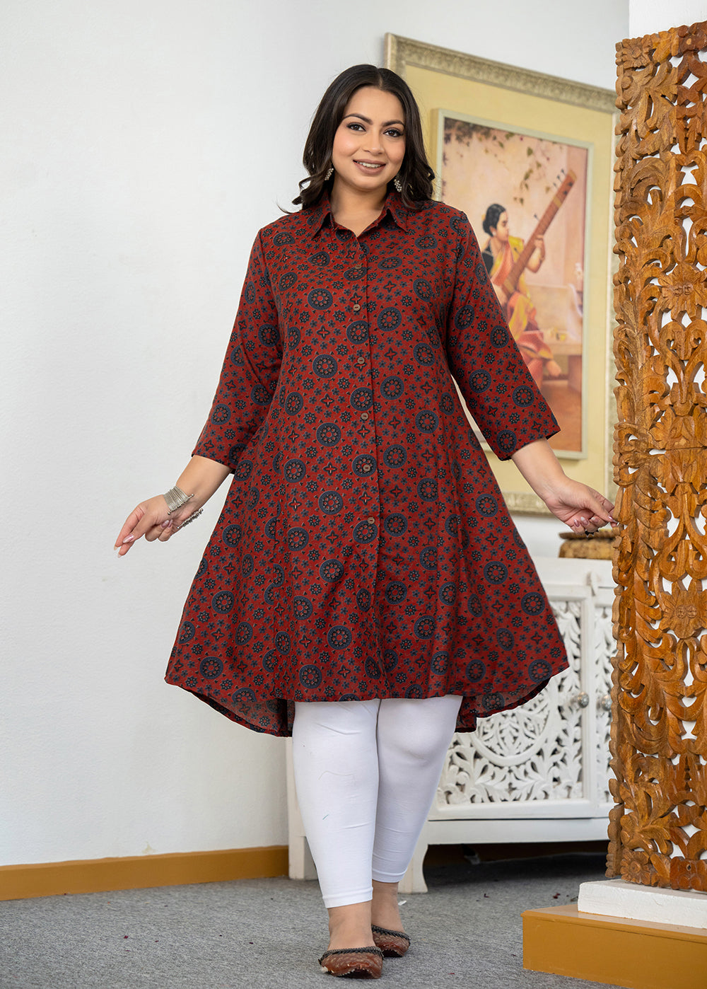 Kaajh Women's Maroon Ajrakh Printed Viscose Rayon Plus Size Kurta