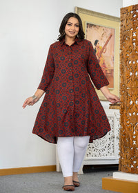 Thumbnail for Kaajh Women's Maroon Ajrakh Printed Viscose Rayon Plus Size Kurta
