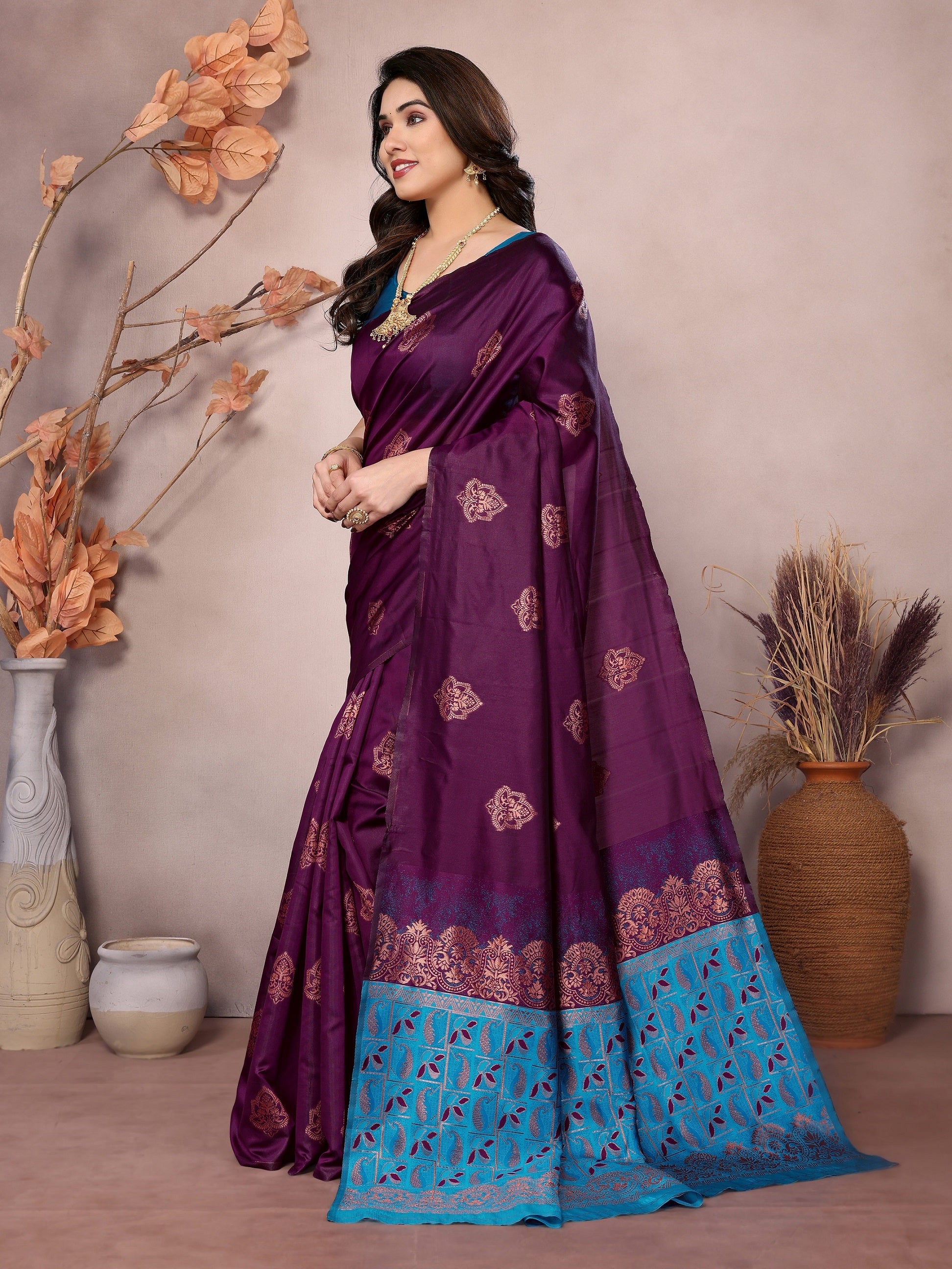 Vedant Vastram Soft Litchi Silk Kanjeevaram Saree - Wine - Distacart