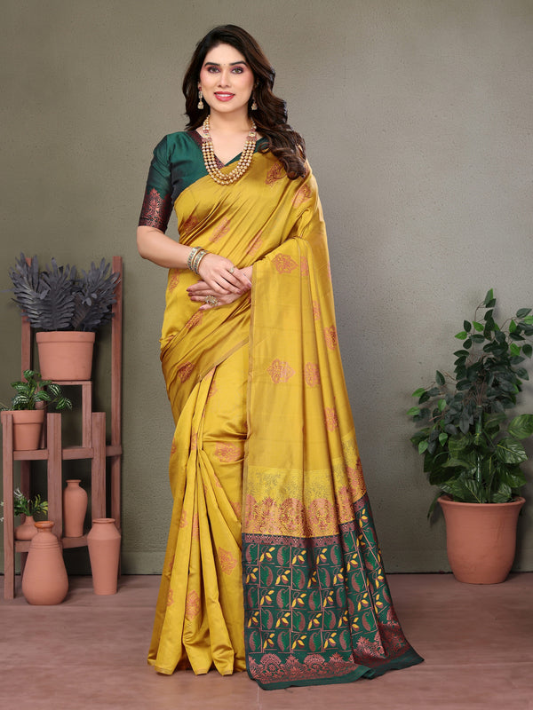 Vedant Vastram Soft Litchi Silk Kanjeevaram Saree - Mustard - Distacart