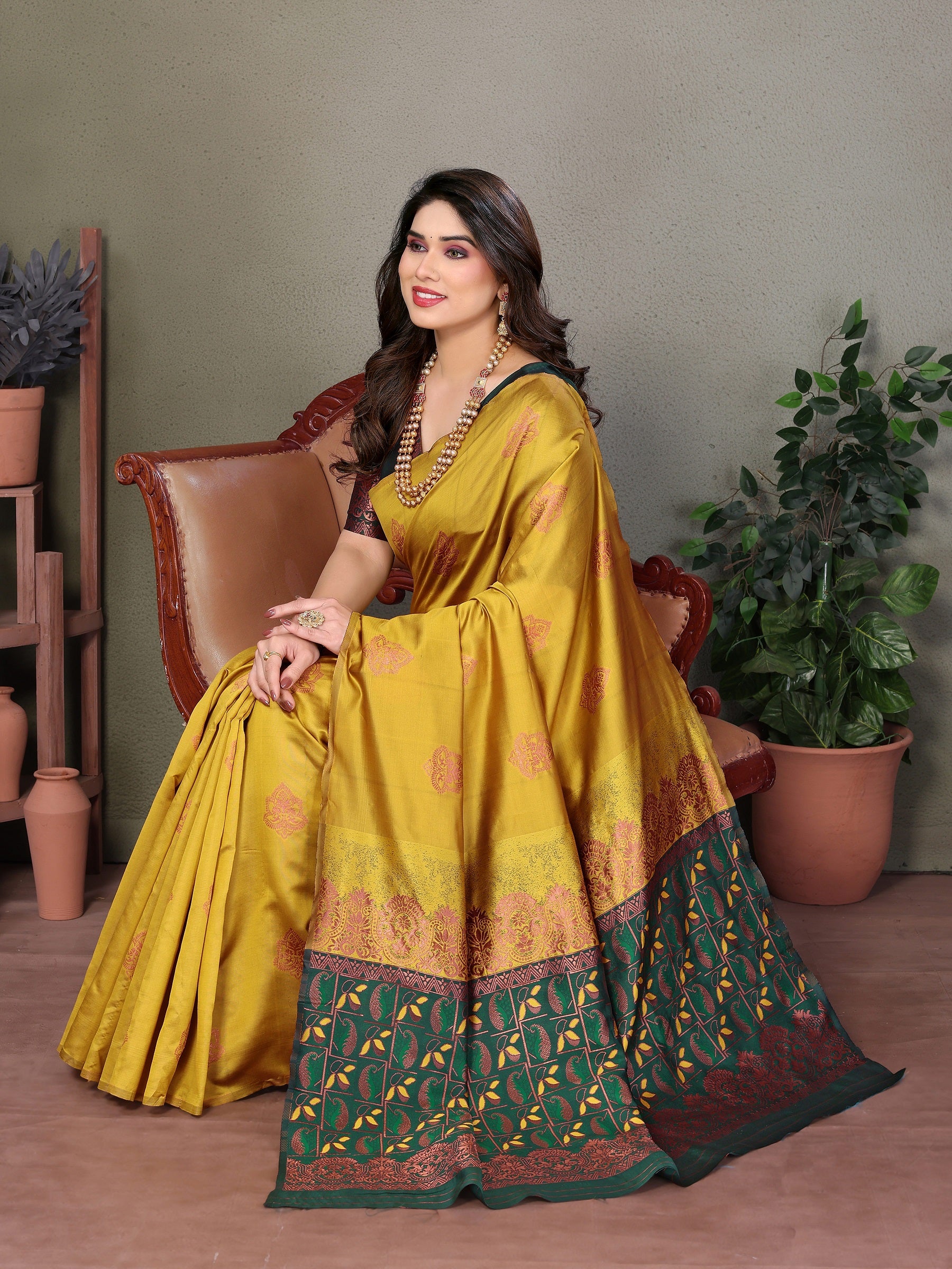 Vedant Vastram Soft Litchi Silk Kanjeevaram Saree - Mustard - Distacart