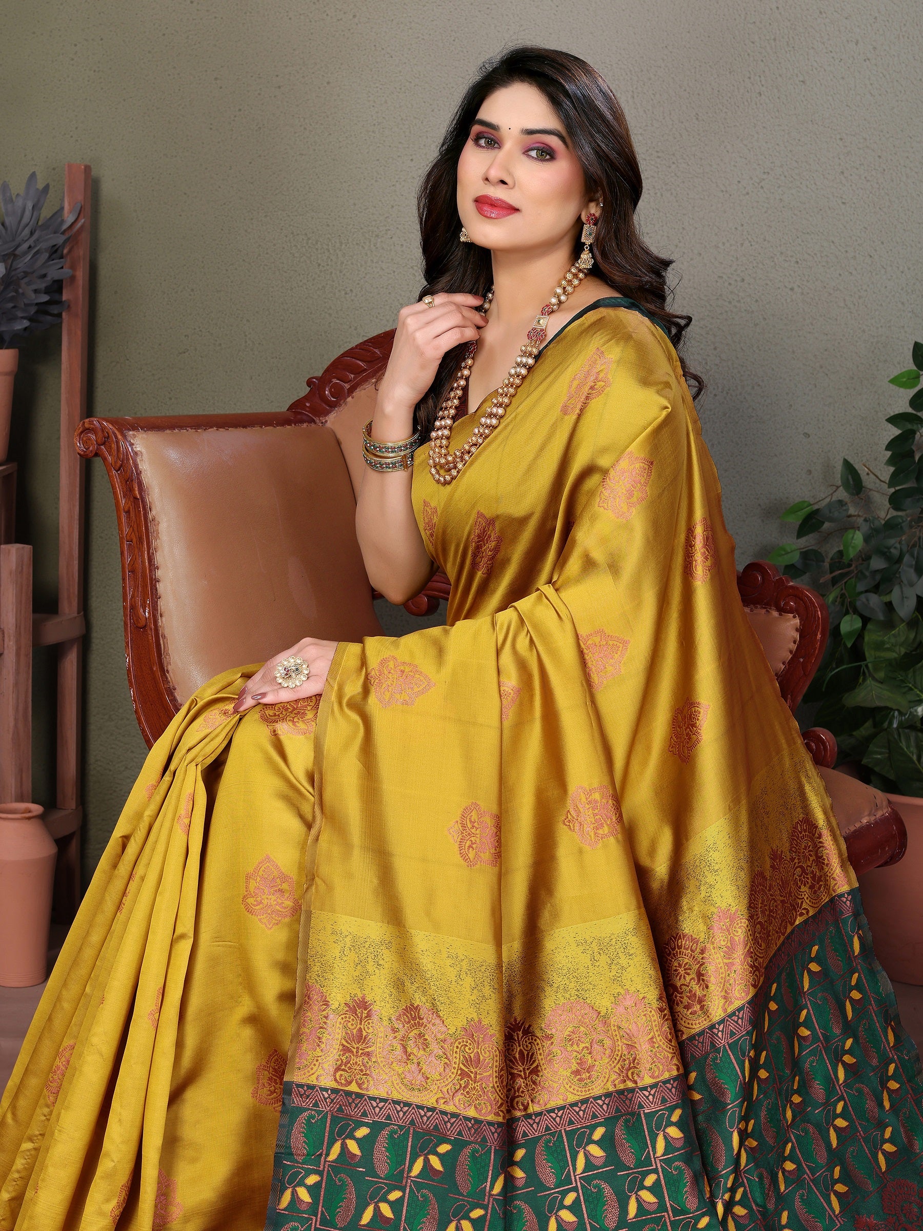 Vedant Vastram Soft Litchi Silk Kanjeevaram Saree - Mustard - Distacart