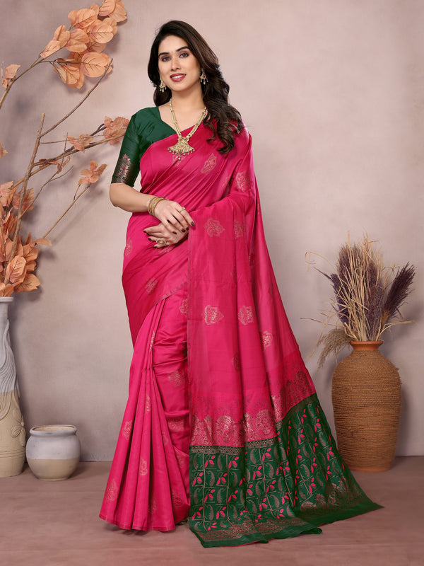 Vedant Vastram Soft Litchi Silk Kanjeevaram Saree - Pink - Distacart