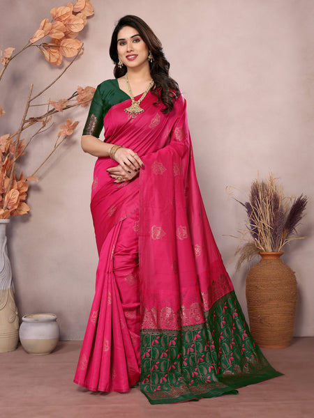 Vedant Vastram Soft Litchi Silk Kanjeevaram Saree - Pink - Distacart