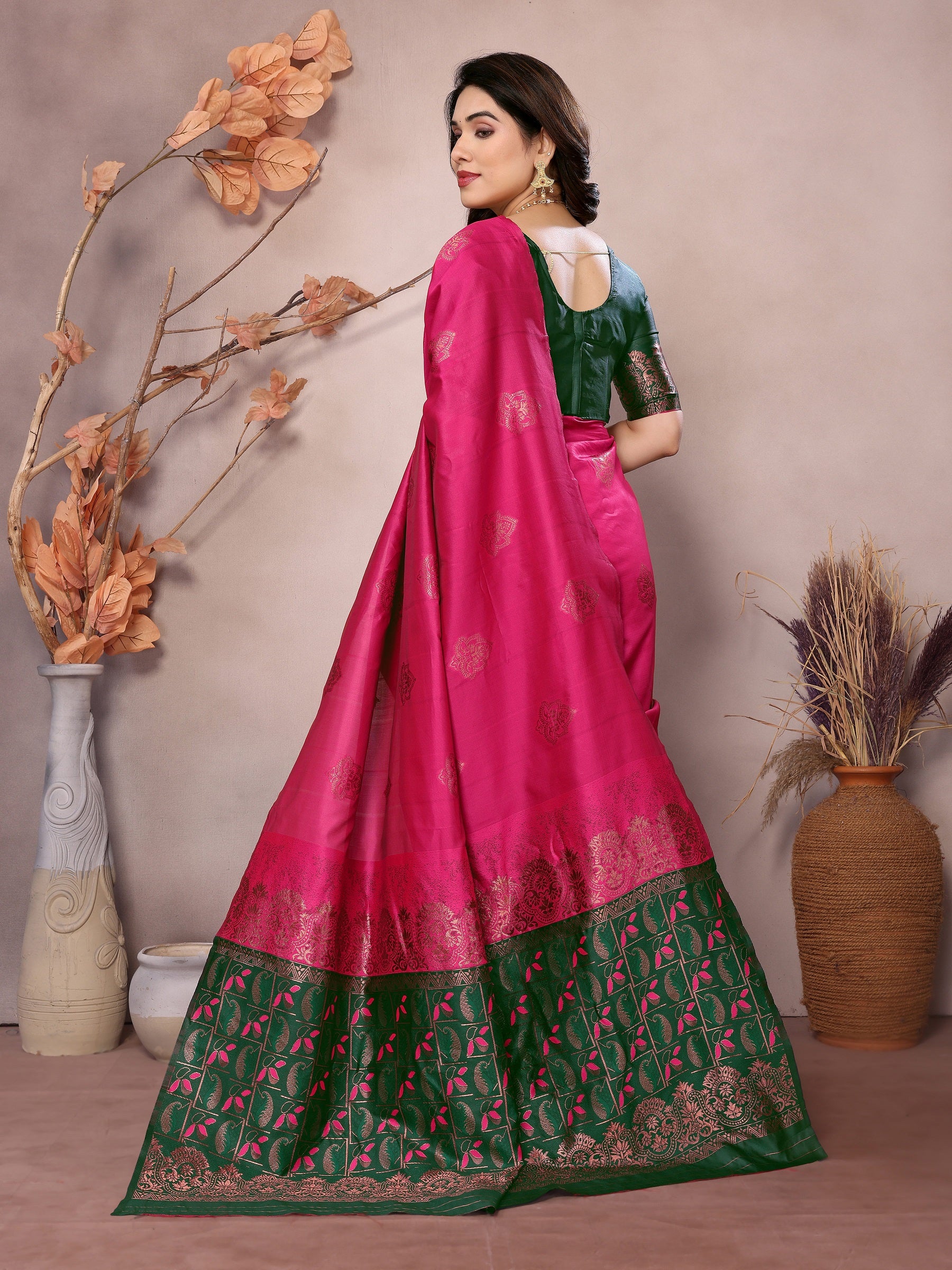 Vedant Vastram Soft Litchi Silk Kanjeevaram Saree - Pink - Distacart