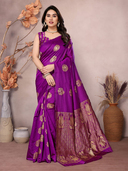 Vedant Vastram Soft Litchi Silk Kanjeevaram Saree - Purple - Distacart