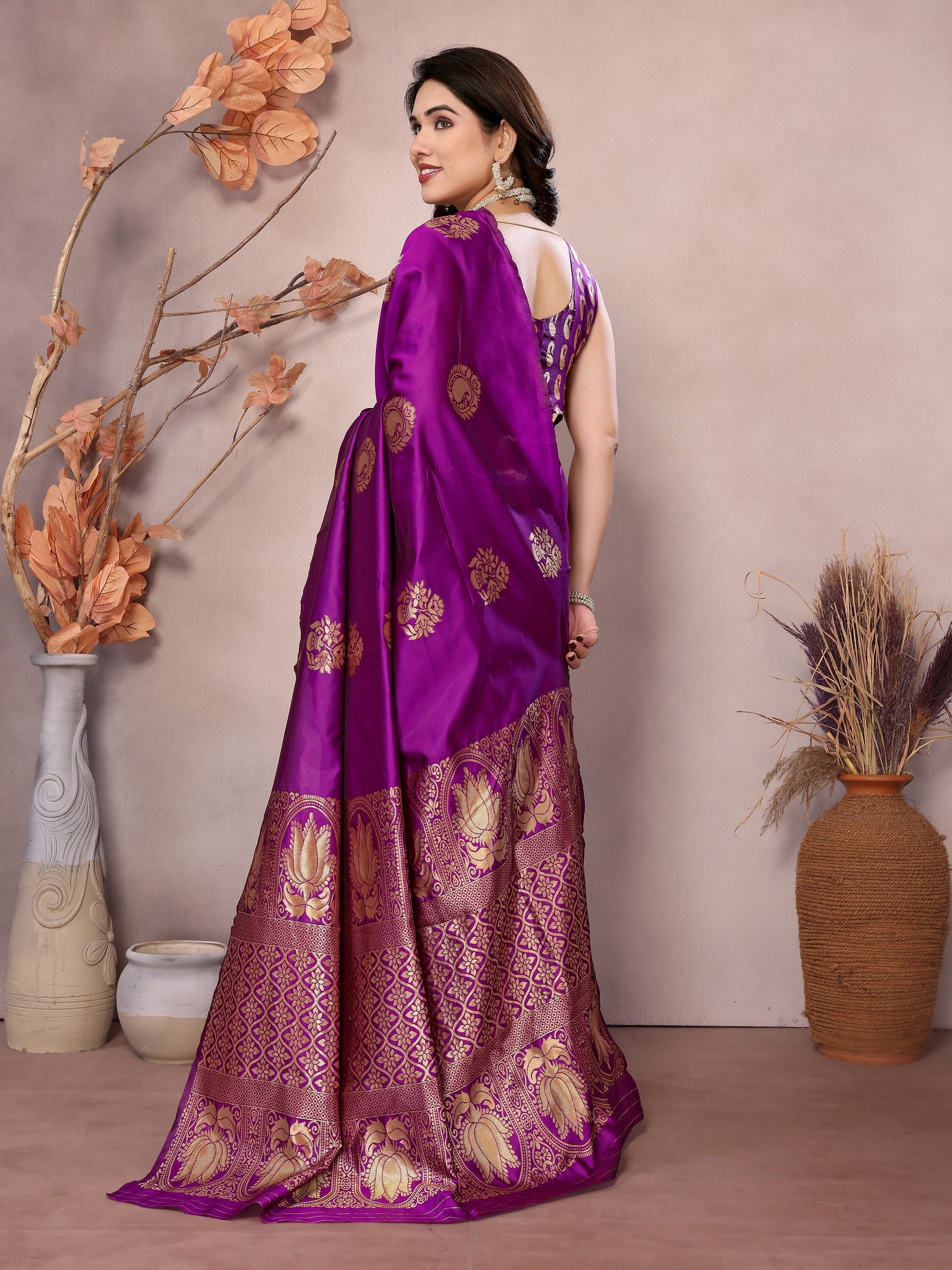 Vedant Vastram Soft Litchi Silk Kanjeevaram Saree - Purple - Distacart