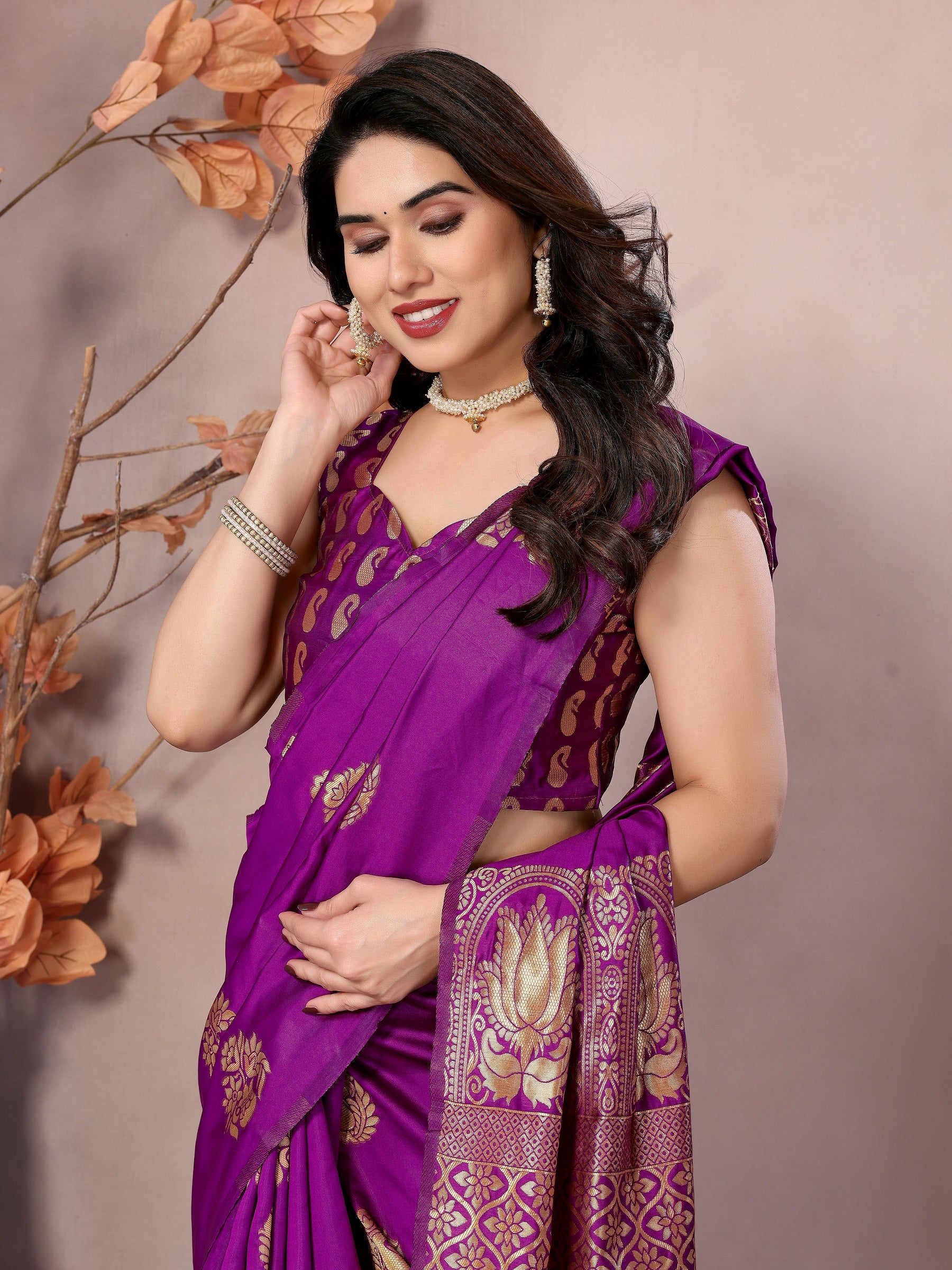 Vedant Vastram Soft Litchi Silk Kanjeevaram Saree - Purple - Distacart