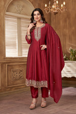 Thumbnail for Vedant Vastram Kurta Pant set with Dupatta having Beautiful Embroidered work - Maroon - Distacart