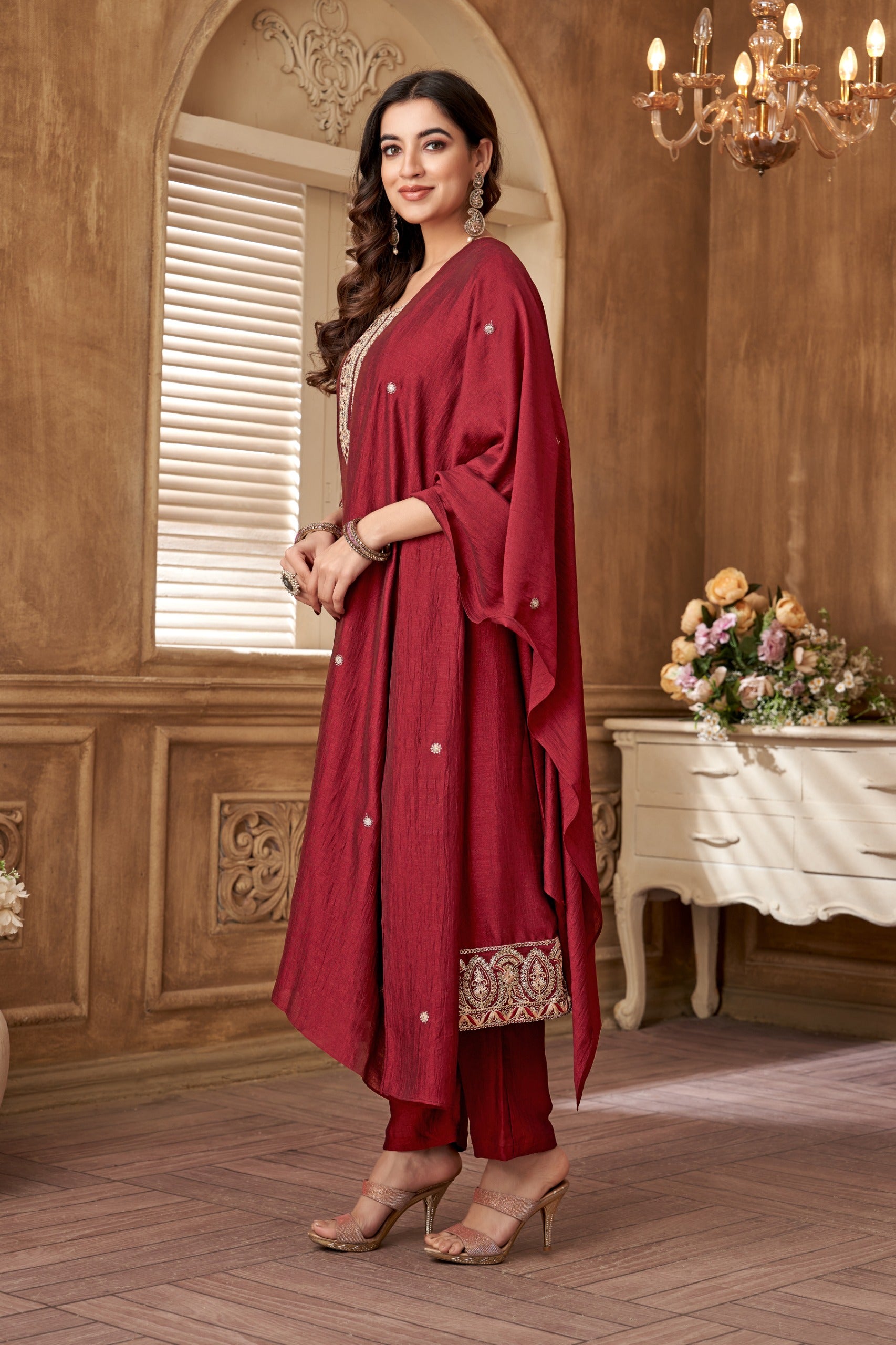 Vedant Vastram Kurta Pant set with Dupatta having Beautiful Embroidered work - Maroon - Distacart