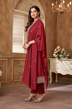 Thumbnail for Vedant Vastram Kurta Pant set with Dupatta having Beautiful Embroidered work - Maroon - Distacart