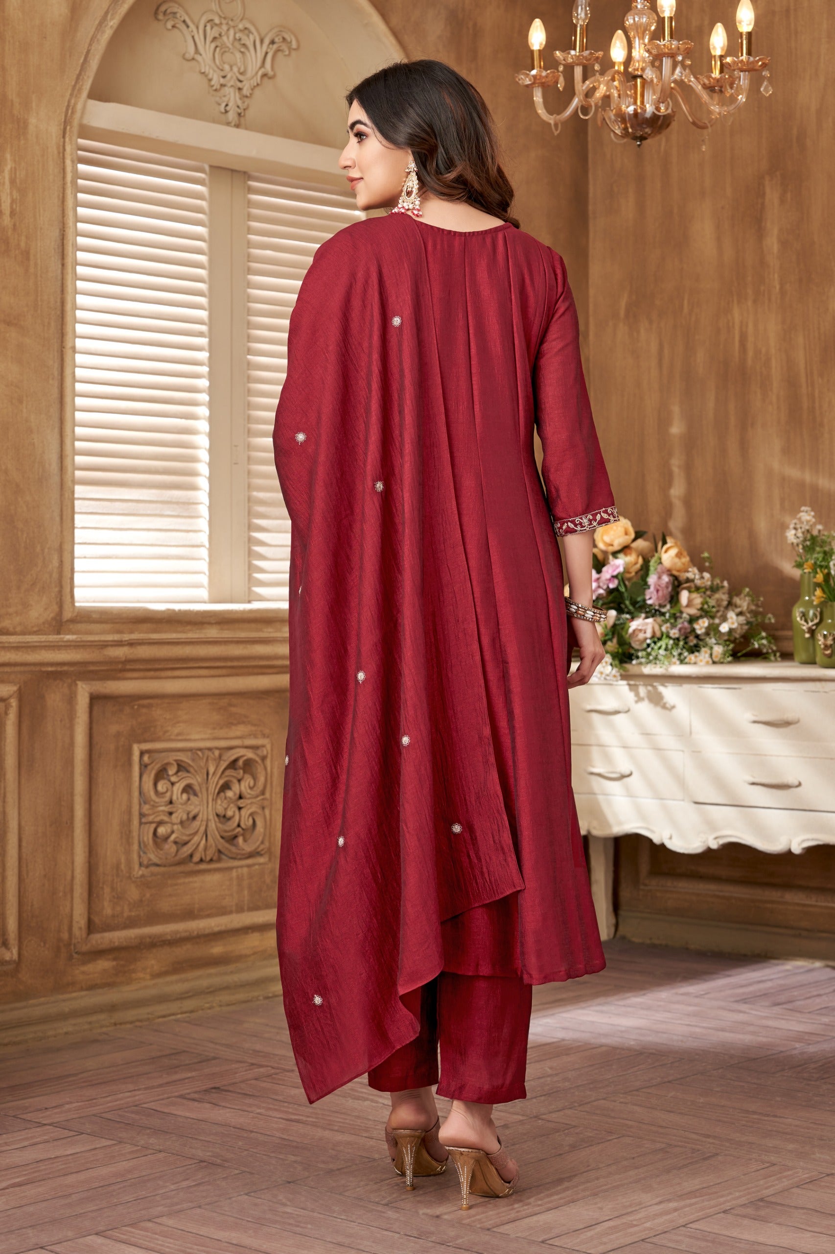 Vedant Vastram Kurta Pant set with Dupatta having Beautiful Embroidered work - Maroon - Distacart