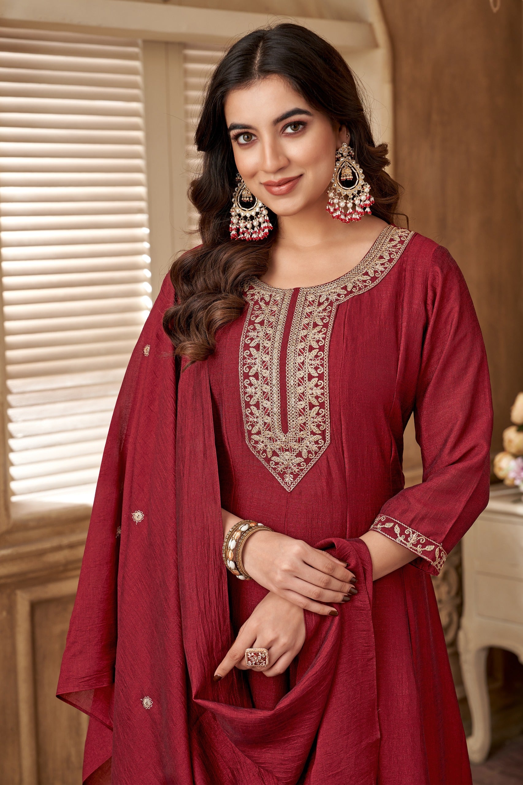 Vedant Vastram Kurta Pant set with Dupatta having Beautiful Embroidered work - Maroon - Distacart