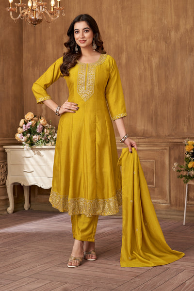 Vedant Vastram Kurta Pant set with Dupatta having Beautiful Embroidered work - Mustard - Distacart