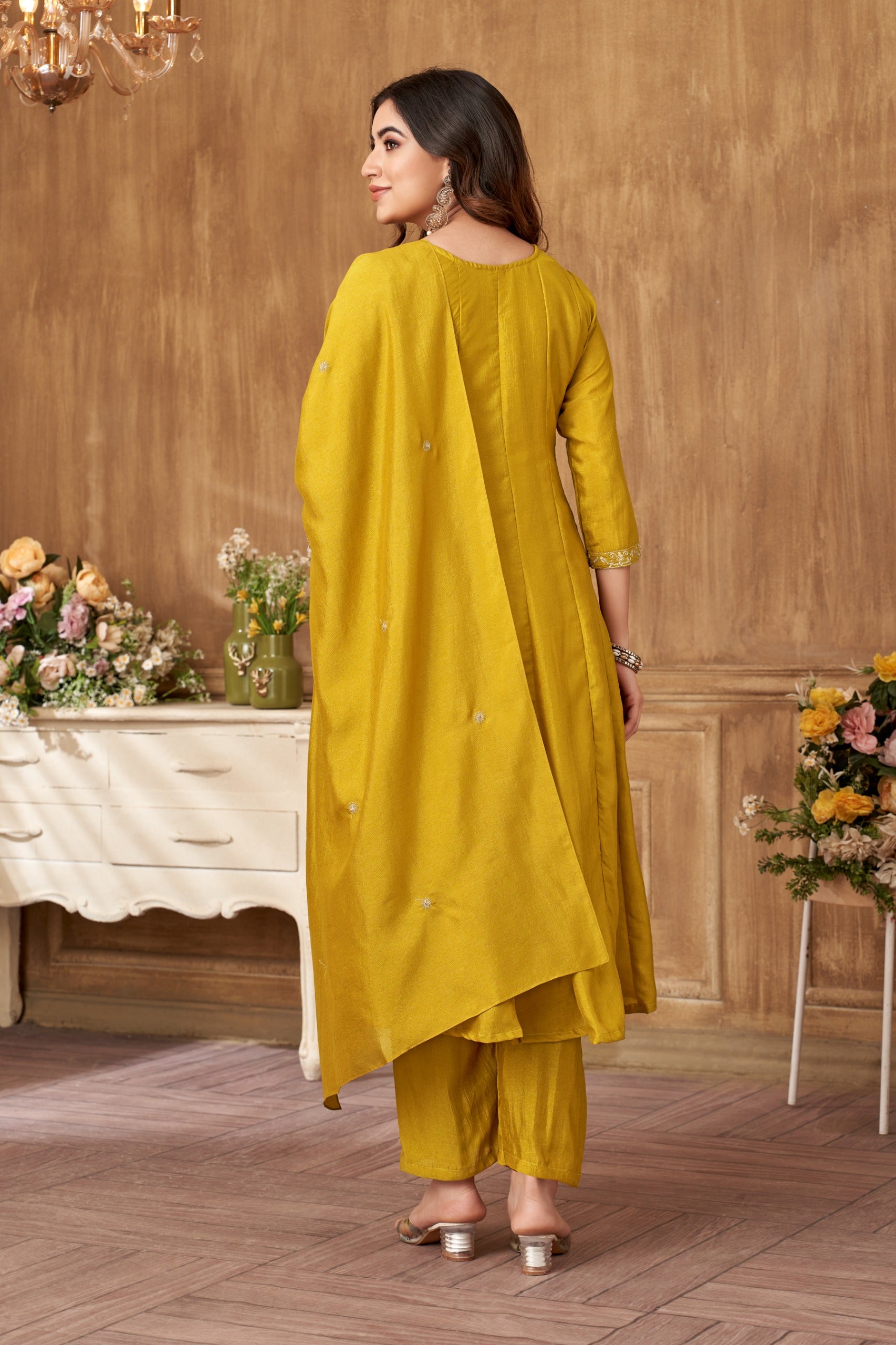 Vedant Vastram Kurta Pant set with Dupatta having Beautiful Embroidered work - Mustard - Distacart