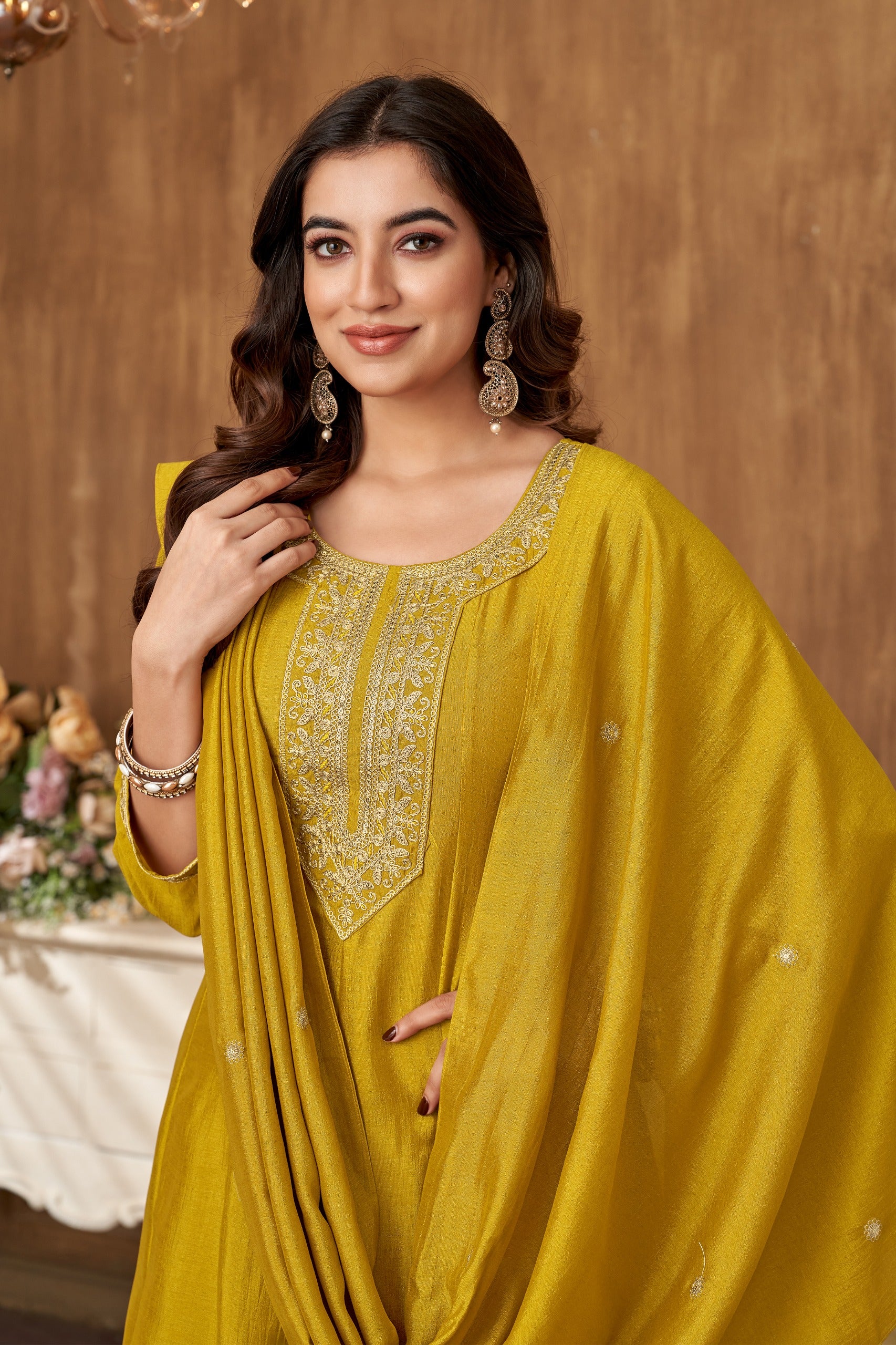 Vedant Vastram Kurta Pant set with Dupatta having Beautiful Embroidered work - Mustard - Distacart