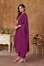 Thumbnail for Vedant Vastram Kurta Pant set with Dupatta having Beautiful Embroidered work - Wine - Distacart