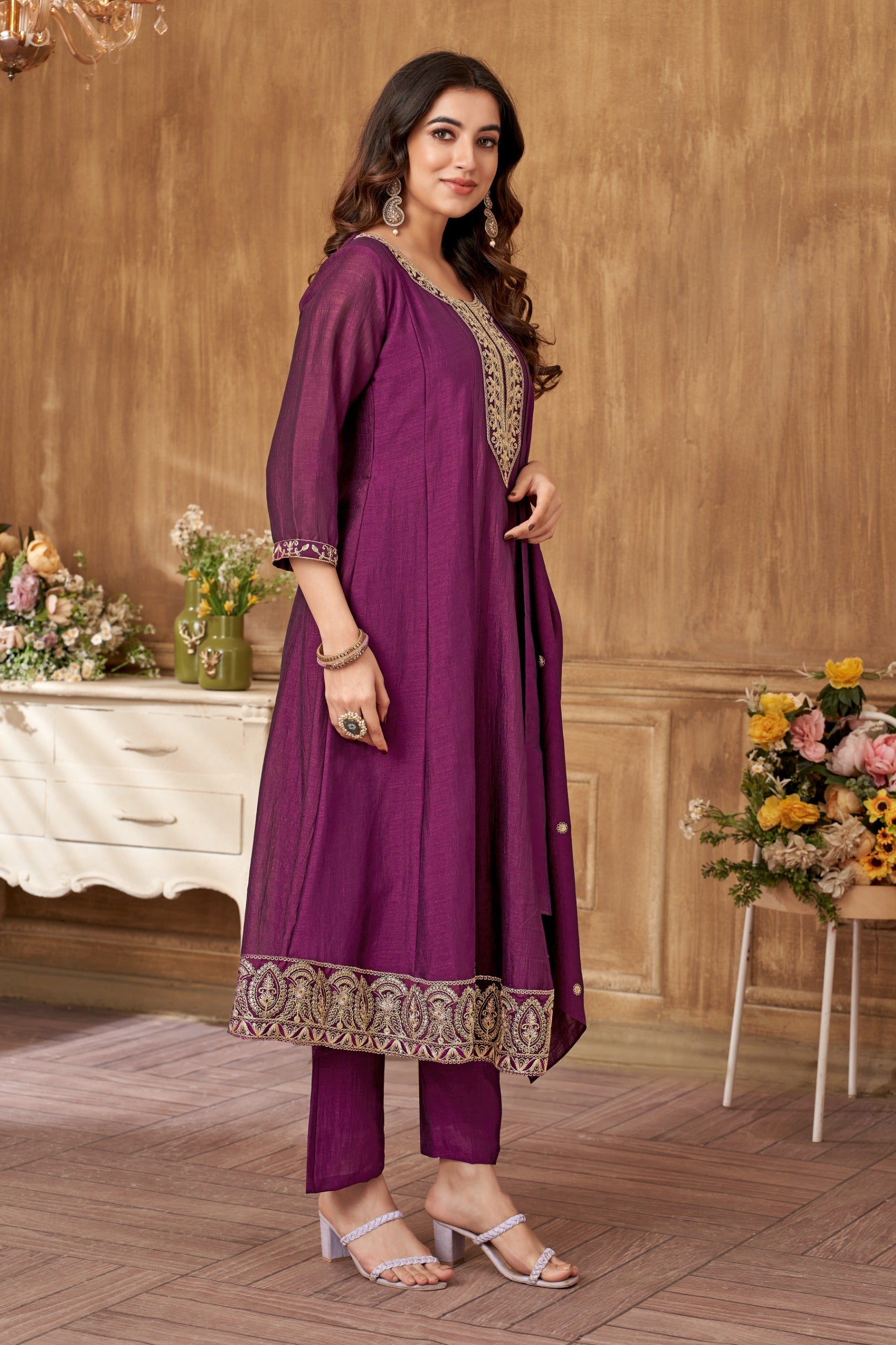 Vedant Vastram Kurta Pant set with Dupatta having Beautiful Embroidered work - Wine - Distacart