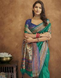 Thumbnail for Vastranavya Turquoise Soft Paithani Silk Saree With Gold Zari Weaving Motifs With Matching Blouse Fabric - Distacart