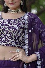 Thumbnail for Vastranavya Faux Blooming With Sequins And Thread Embroidered Work Lehenga Choli With Dupatta - Purple - Distacart