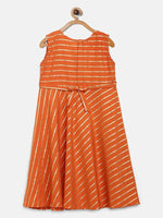 Thumbnail for Ahalyaa Orange Crepe Gold Stripped Printed Kids Dress With Jacket For Girls - Distacart