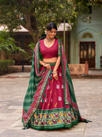 Thumbnail for Vastranavya Patola Printed and Foil Work Tussar Silk Lehenga with Unstitched Blouse - Red - Distacart