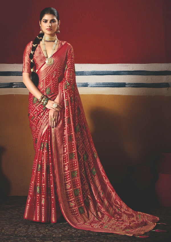 Joban Fashion Red Dull Moss Brasso Saree