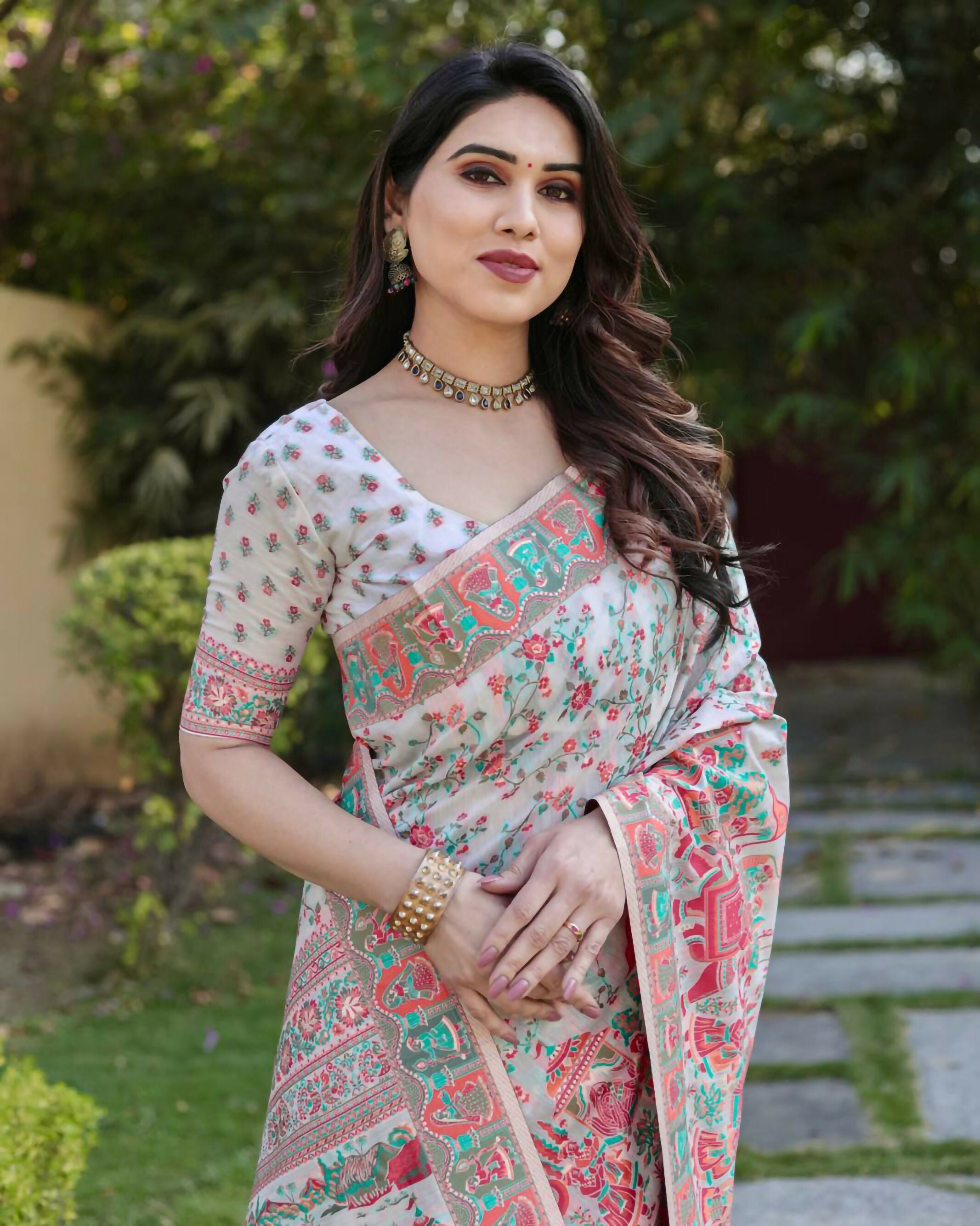 Vastranavya Luxury and Beautiful Soft, Smooth, Flowing Original Pashmina Soft Cotton Saree with Matching Blouse Fabric - Off White - Distacart