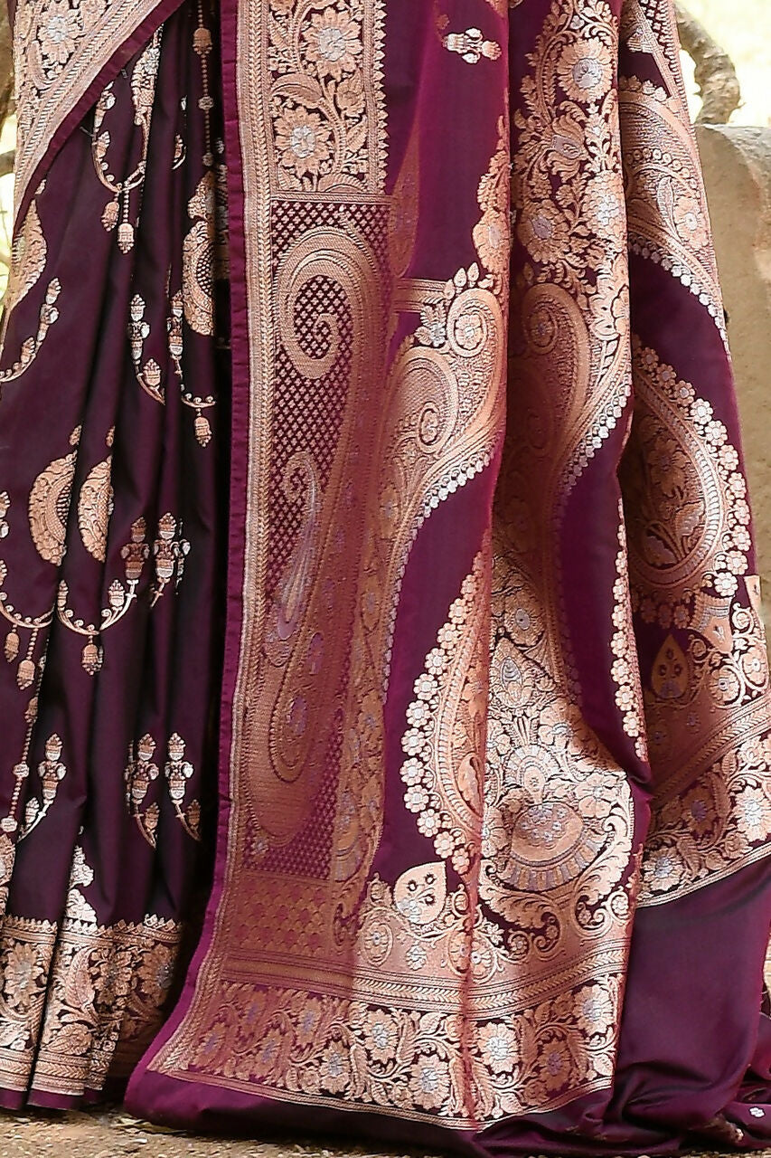 Joban Fashion Wine Banarasi Soft Pure Handloom Banarasi Silk Saree