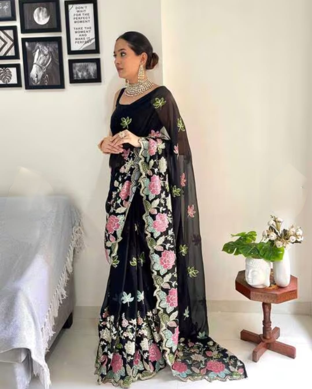 Vamika Embroidery Black Georgette Bollywood Saree - Distacart