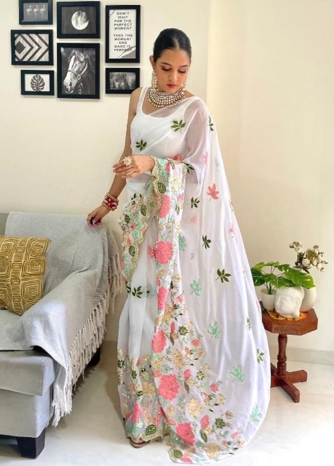 Vamika Embroidery White Georgette Bollywood Saree - Distacart