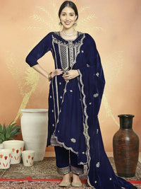 Thumbnail for Aastha Fashion Women's Navy Blue Velvet Cording with Resham Thread & Sequin Kurta with Trouser & Dupatta - Distacart